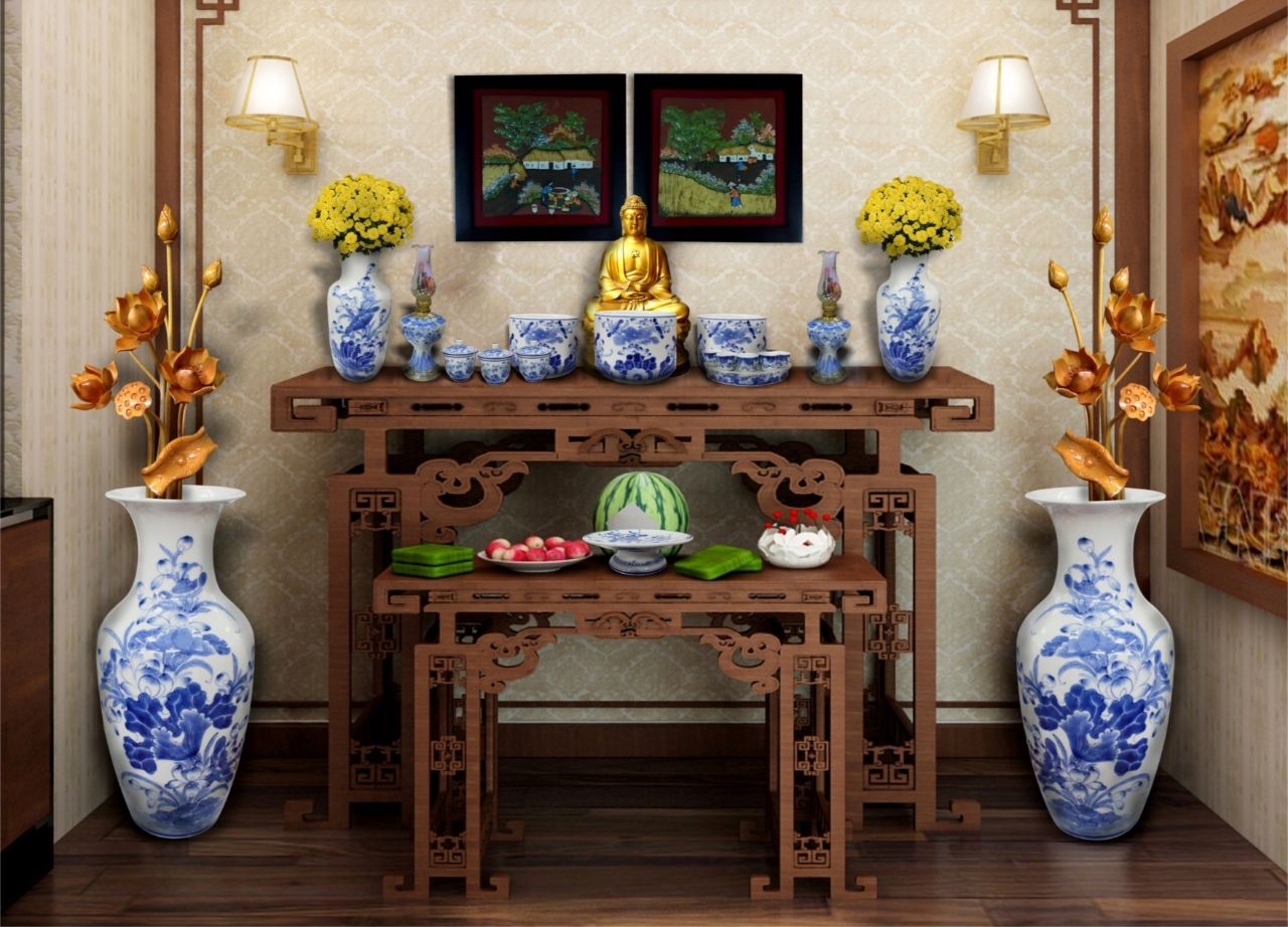 Chất màu nhã nhặn của vân gỗ giúp không gian phòng thờ trang nghiêm, tinh tế
