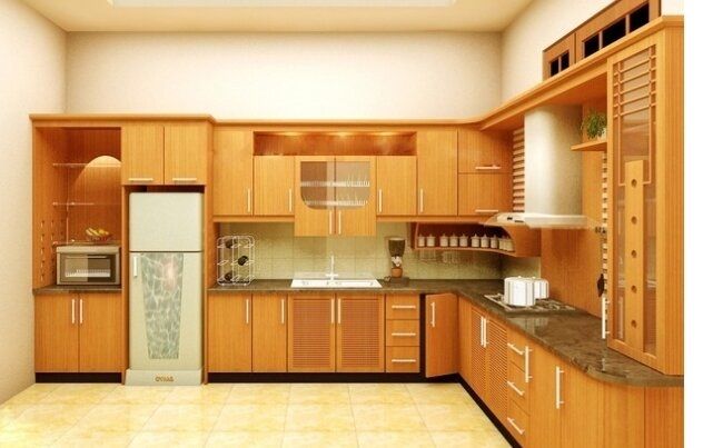 Tủ bếp bằng gỗ dổi có màu vàng đẹp mắt
