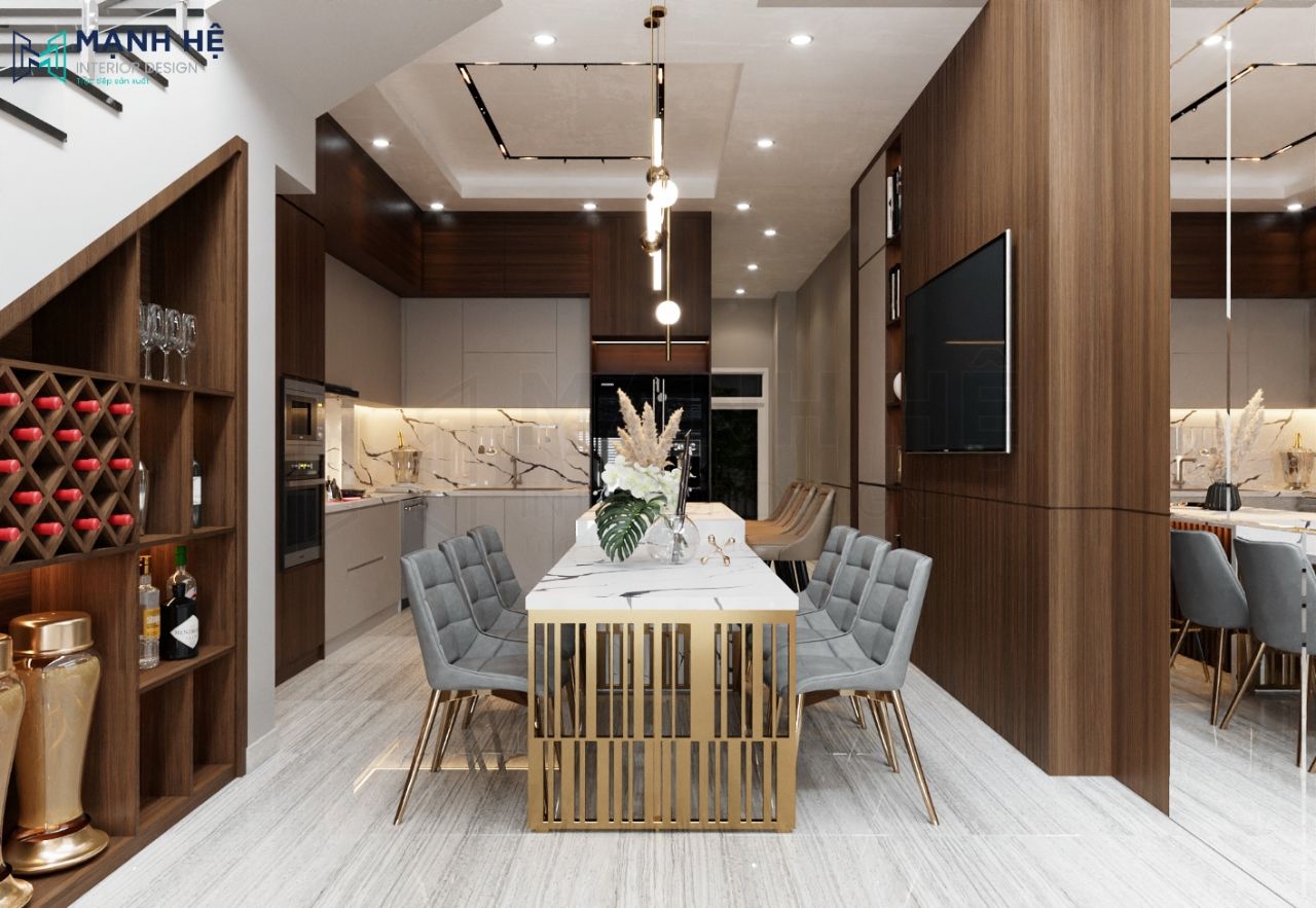 Thiết kế tủ bếp cao chạm trần gỗ công nghiệp phủ Laminate dễ dàng chùi rửa những vết ố trong quá trình nấu nướng