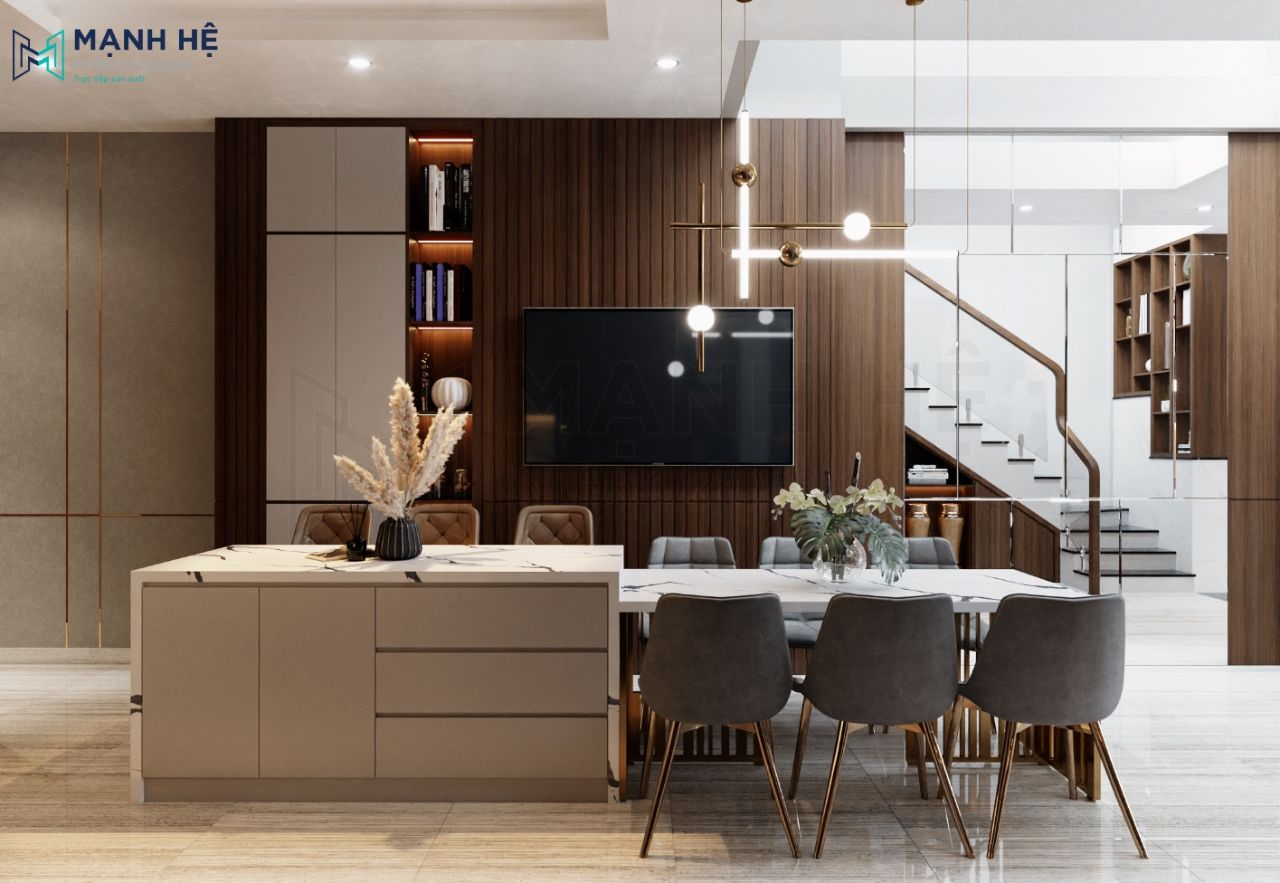 Quầy bar thiết kế liền bàn bếp tăng sự gọn gàng sang trọng cho gian phòng nhỏ