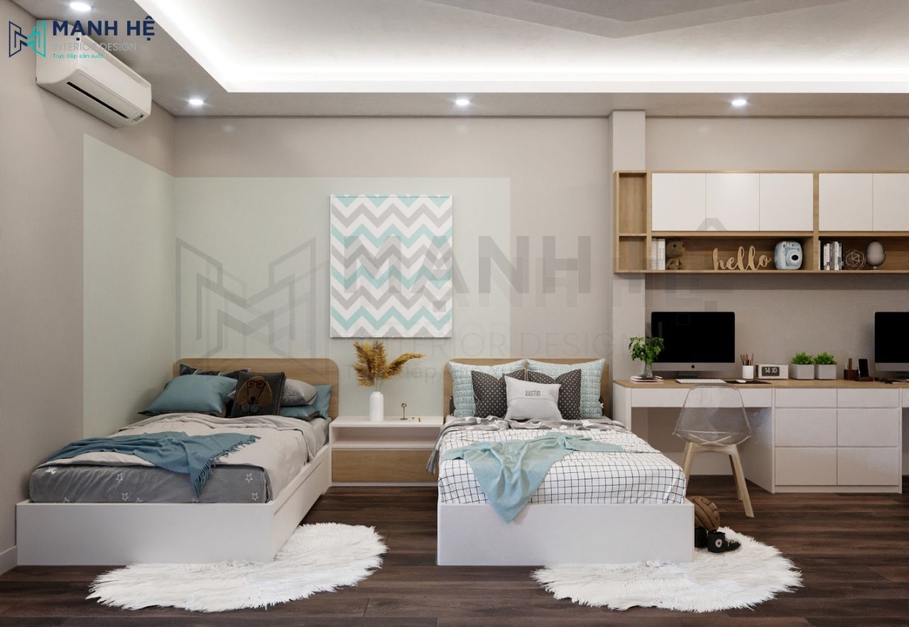 2 chiếc giường gỗ công nghiệp kết hợp với thảm lông trải sàn cho bé thêm sự riêng tư