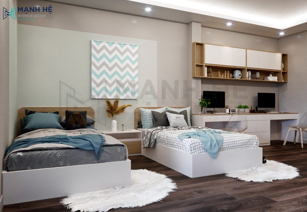 Hệ tủ kết hợp với kệ trang trí và thêm vào đó là bàn học đôi cho 2 bé có hứng thú học tập hơn