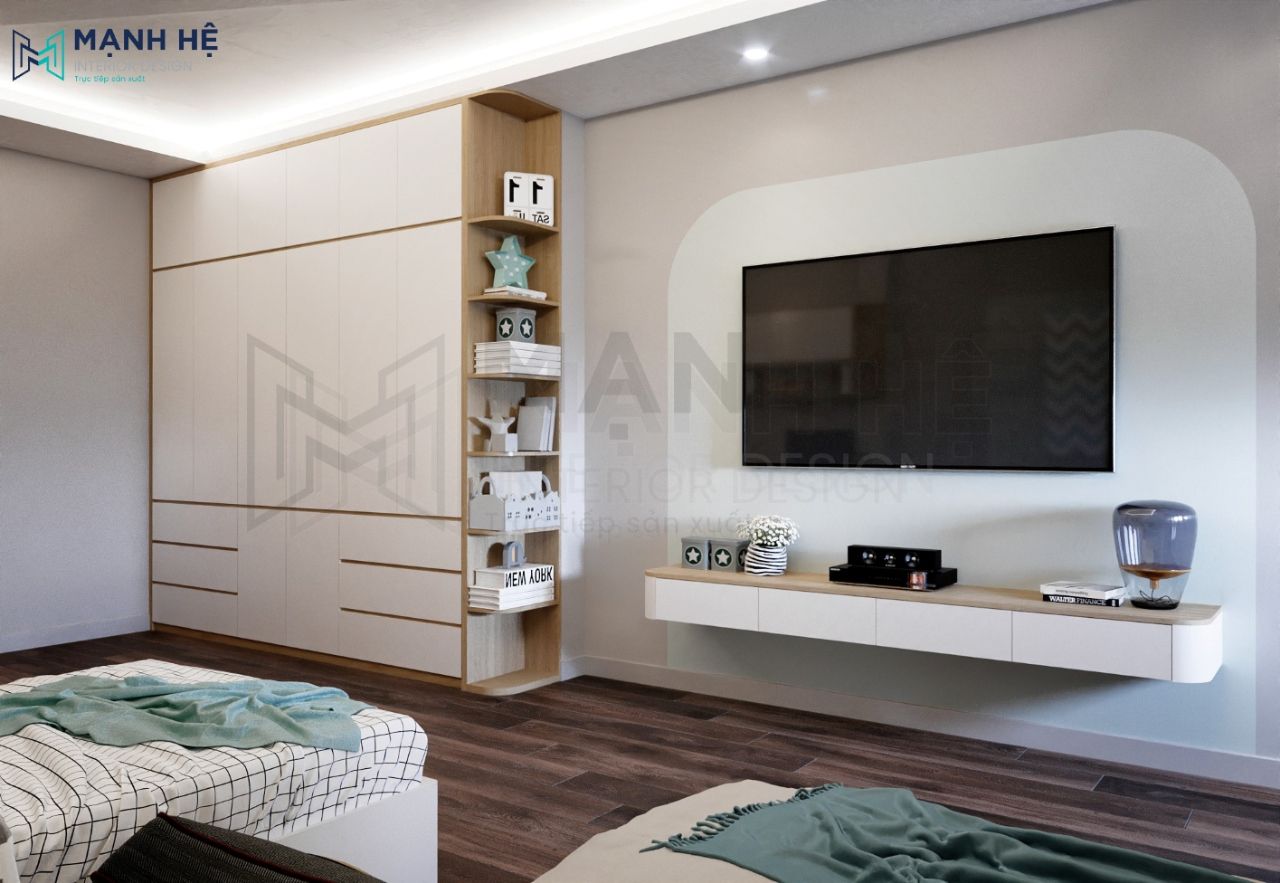 Hệ tủ quần áo gỗ công nghiệp thiết kế cao đụng trần tối ưu không gian lưu trữ cho 2 bé