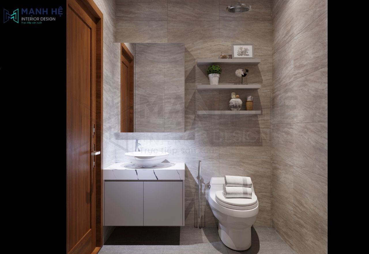 Nhà vệ sinh thiết kế đơn giản với tủ lavabo treo tường