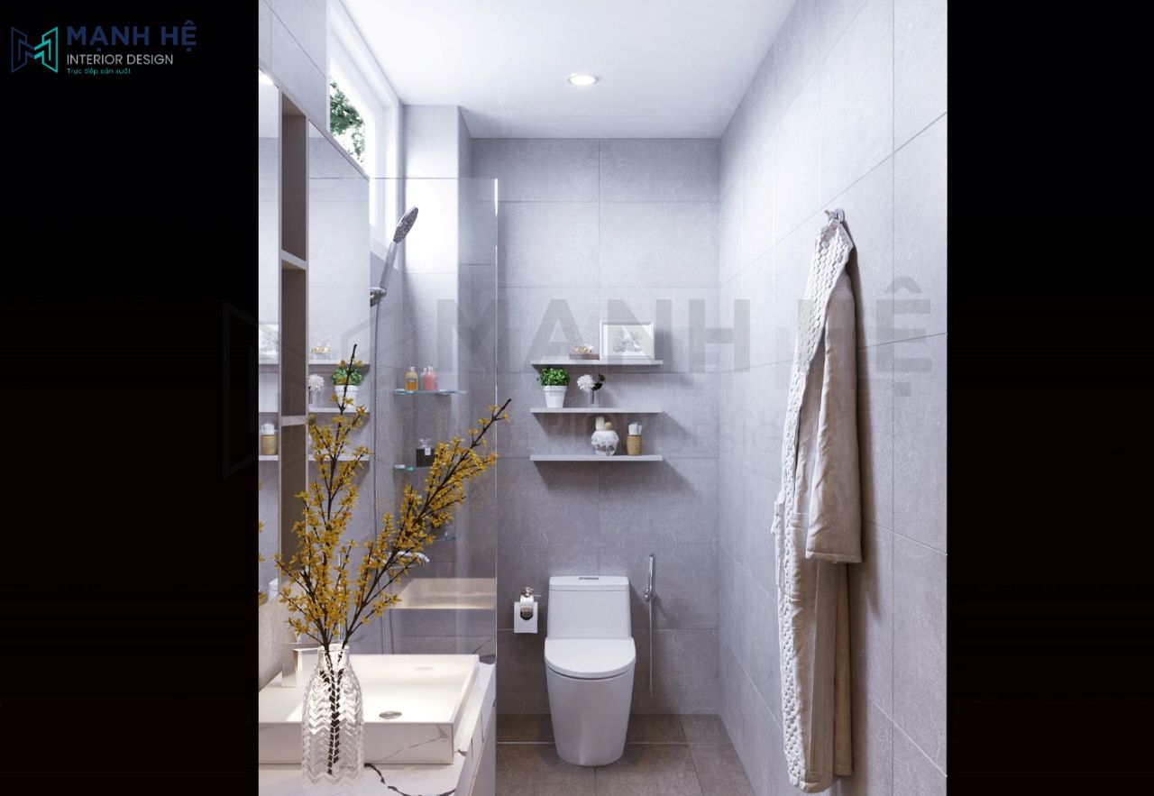 Thiết kế cửa kính ngăn cách bồn vệ sinh và khu vực tắm