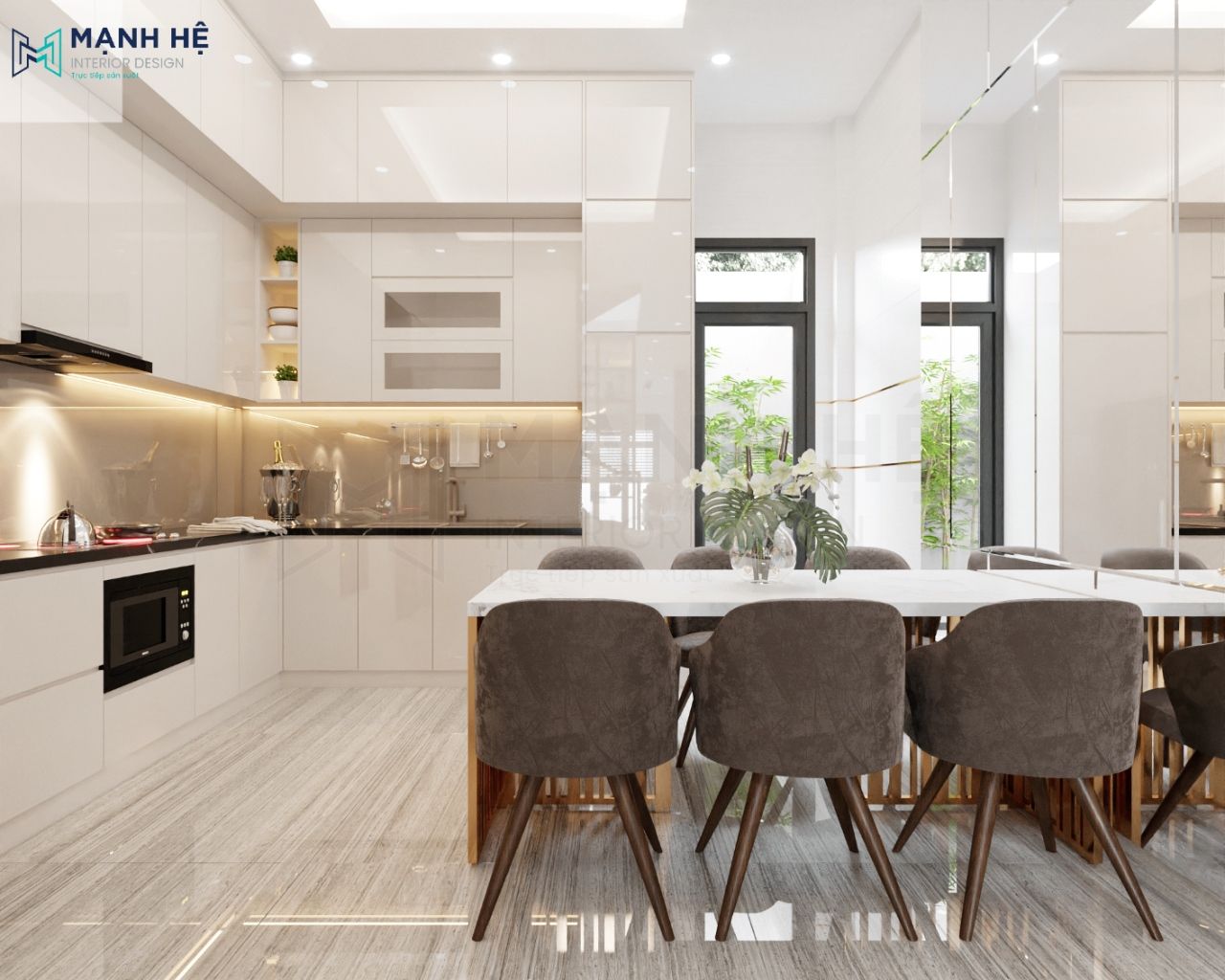 Không gian nhà bếp đồng bộ, sáng bóng sang trọng nhưng không kém phần hiện đại