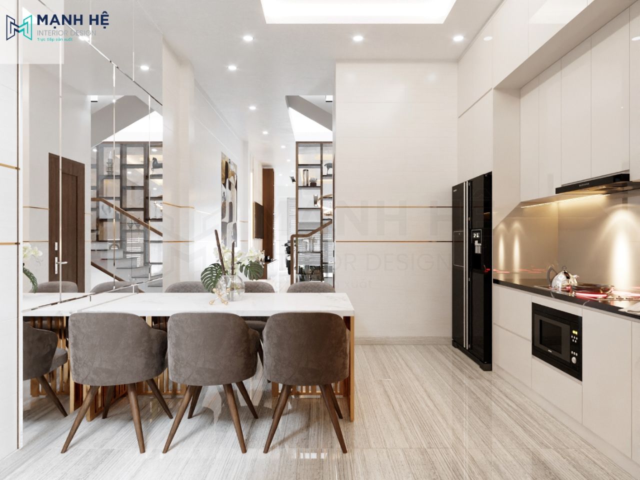 Tường phòng bếp ốp gương lớn với những chi tiết kẻ dài tăng chiều sâu cho gian phòng bếp