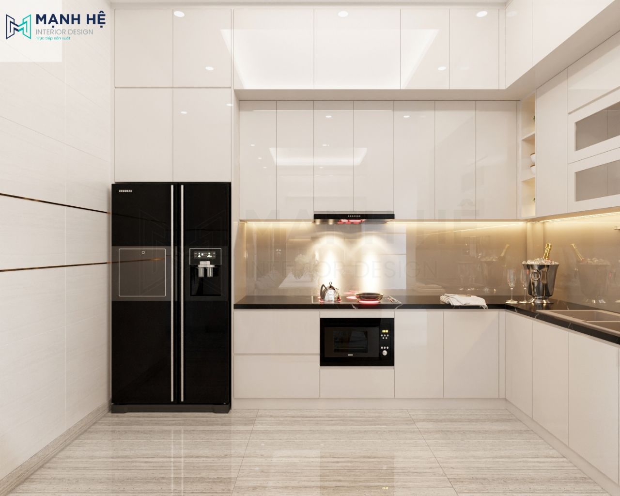 Thiết kế ngăn tủ bếp lớn trên tủ lạnh, tạo không gian lưu trữ cho gia chủ và tránh tích tụ bụi bẩn giúp gia chủ dễ dàng lau chùi hơn