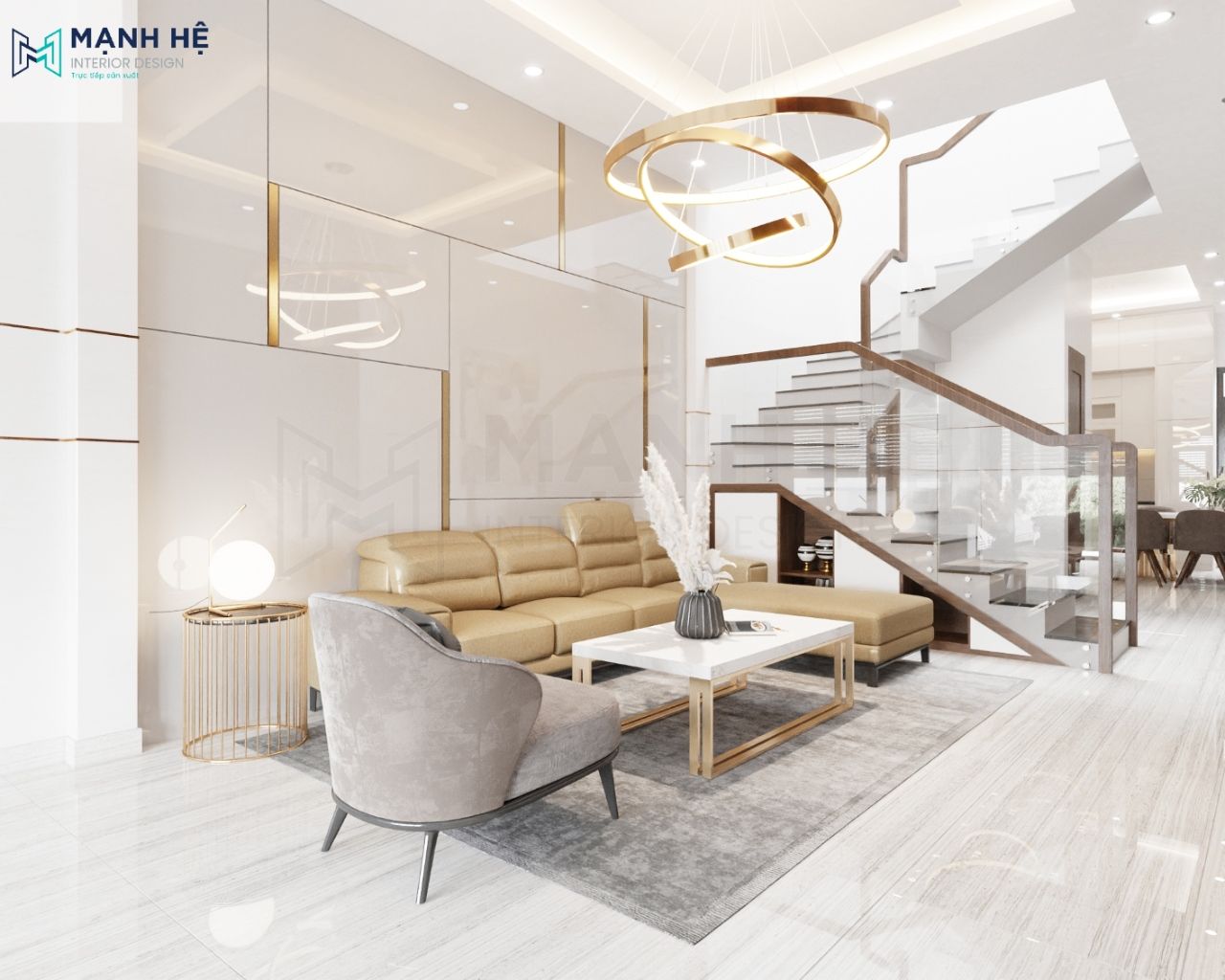 Vách tường phủ Acrylic sáng bóng thêm vào đó là đèn thả trần với thiết kế lung linh, sang trọng, đẳng cấp