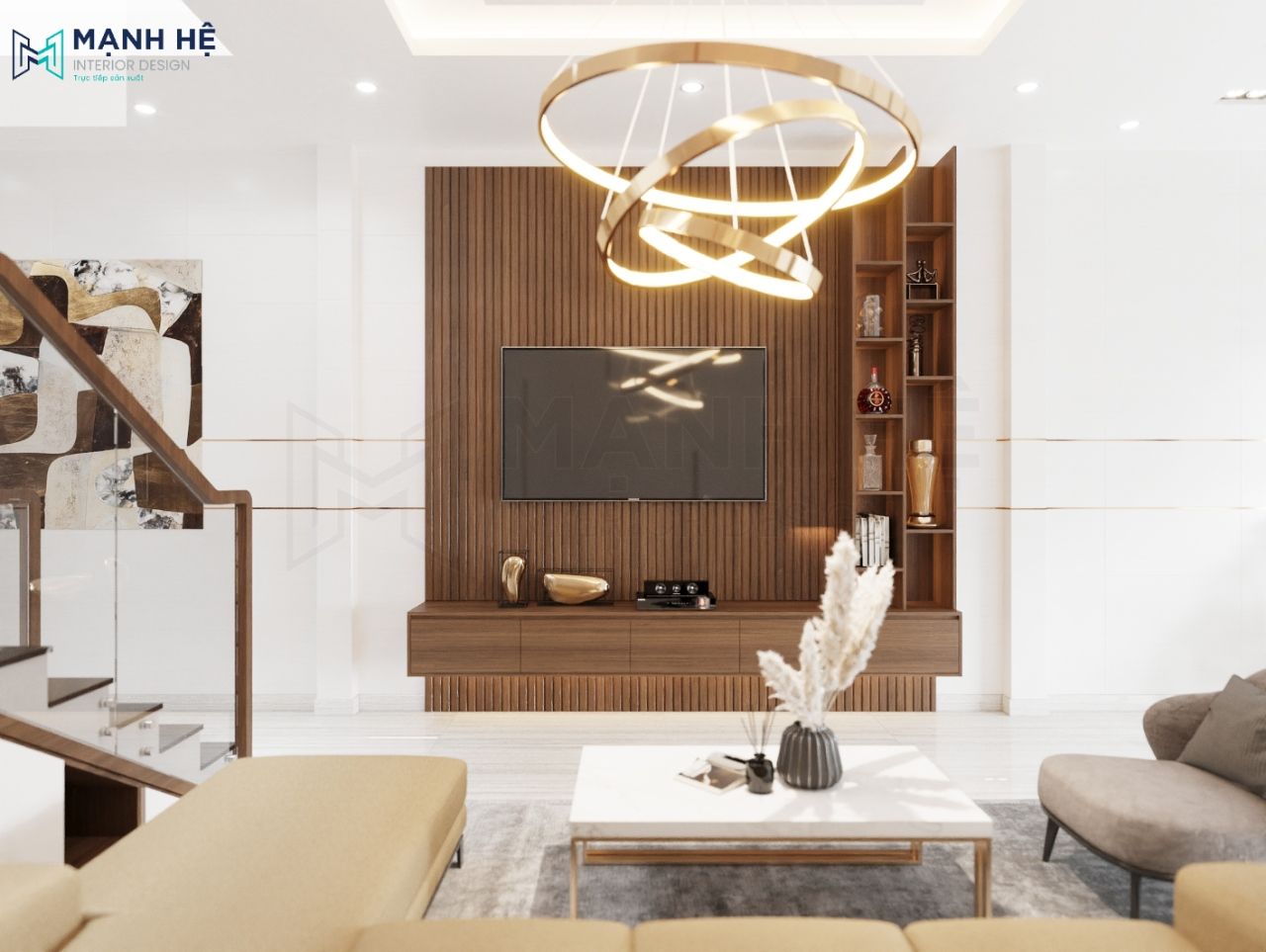 Vách ốp lam gỗ phía sau kệ tivi và kết hợp với kệ trang trí tối ưu không gian sử dụng cho gia chủ