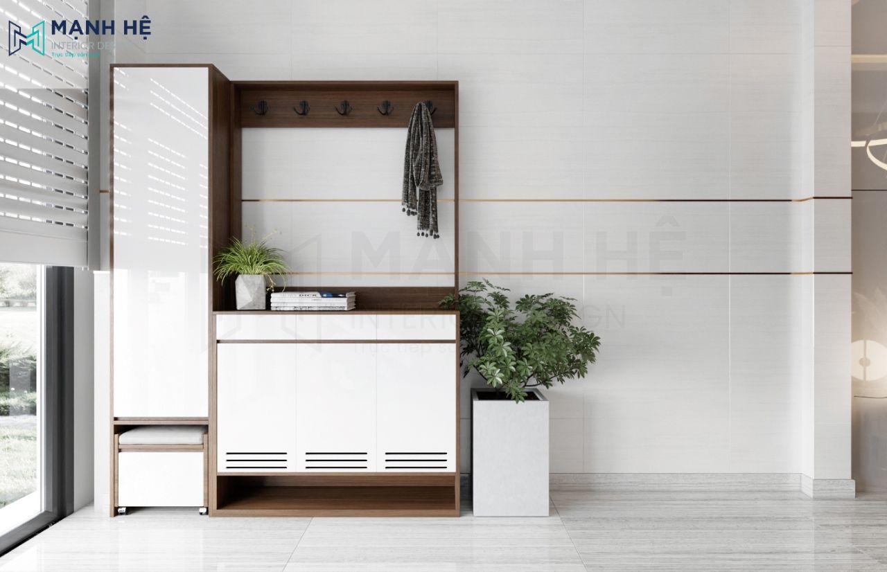 Tủ giày gỗ công nghiệp kết hợp với tủ treo cao cho không gian lưu trữ tiện dụng
