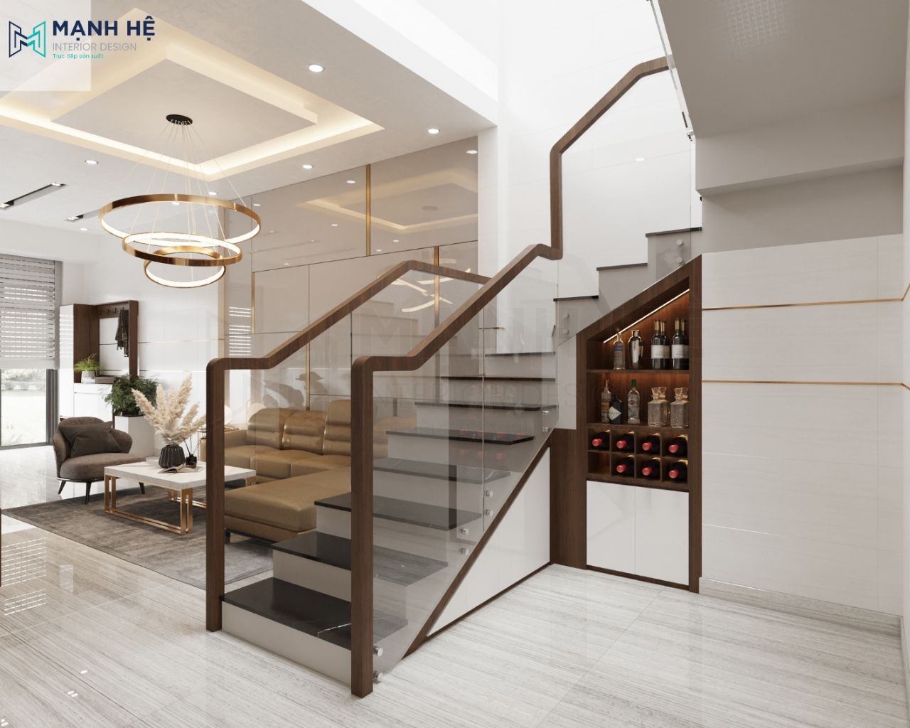 Tủ rượu âm cầu thang tích hợp ngăn tủ chứa tăng không gian lưu trữ cho gia chủ