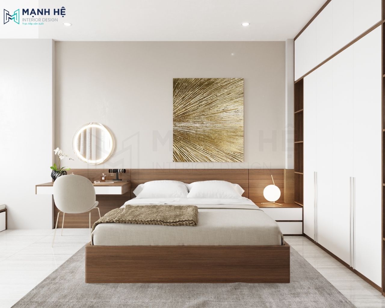 Hệ giường ngủ, bàn trang điểm treo tường và táp đầu giường được kết nối với nhau qua vách ốp đầu giường màu gỗ trầm
