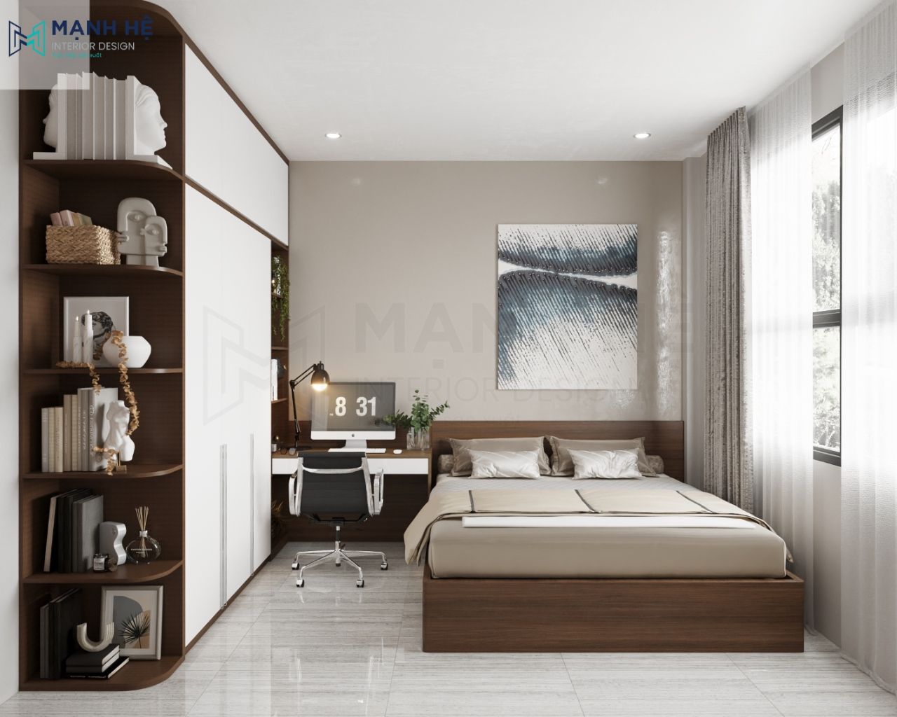Vách đầu giường kết nối giường ngủ và bàn học treo tường tạo thành khối đẹp mắt