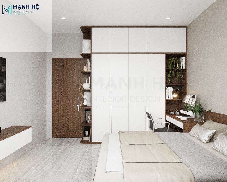 Hệ tủ quần áo màu trắng thiết kế cao đụng trần với kệ trang trí bo góc cho gia chủ không gian trang trí theo sở thích riêng