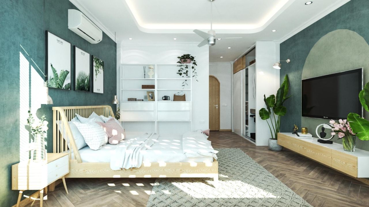 Thiết kế phòng ngủ 35m2 theo phong cách vintage với màu xanh tươi mát