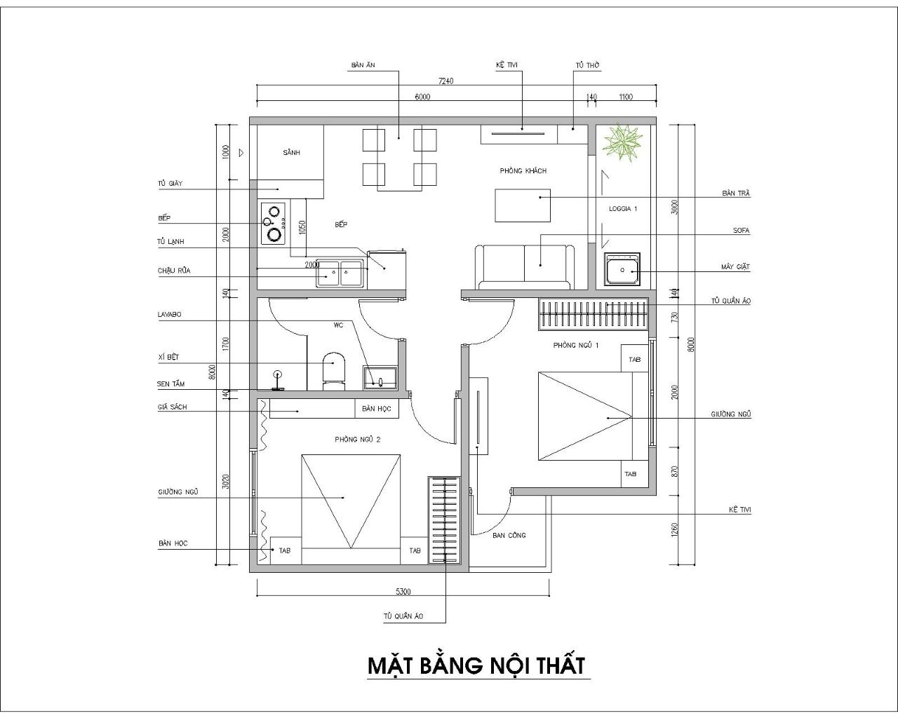Bản vẽ mặt bằng căn hộ 54m2 - 2 PN (2)