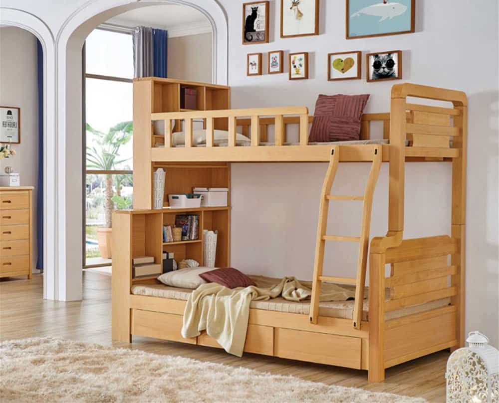 Giường tầng gỗ sồi kết hợp kệ trang trí tối ưu không gian