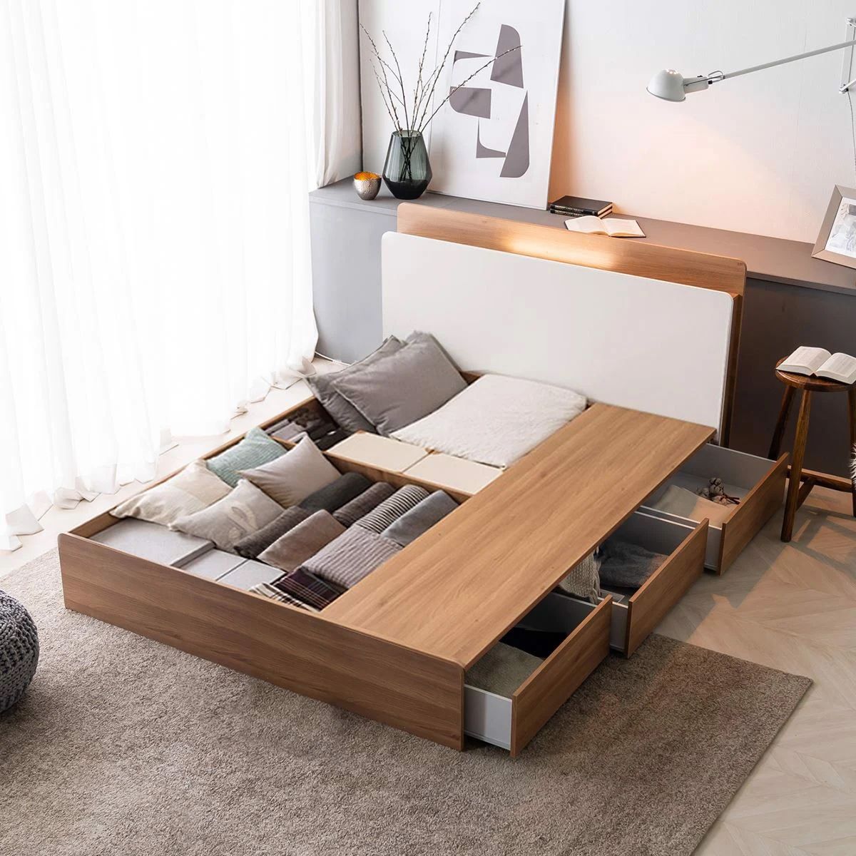 Giường gỗ sồi kết hợp tủ quần áo cực kỳ ngăn nắp và tiện nghi