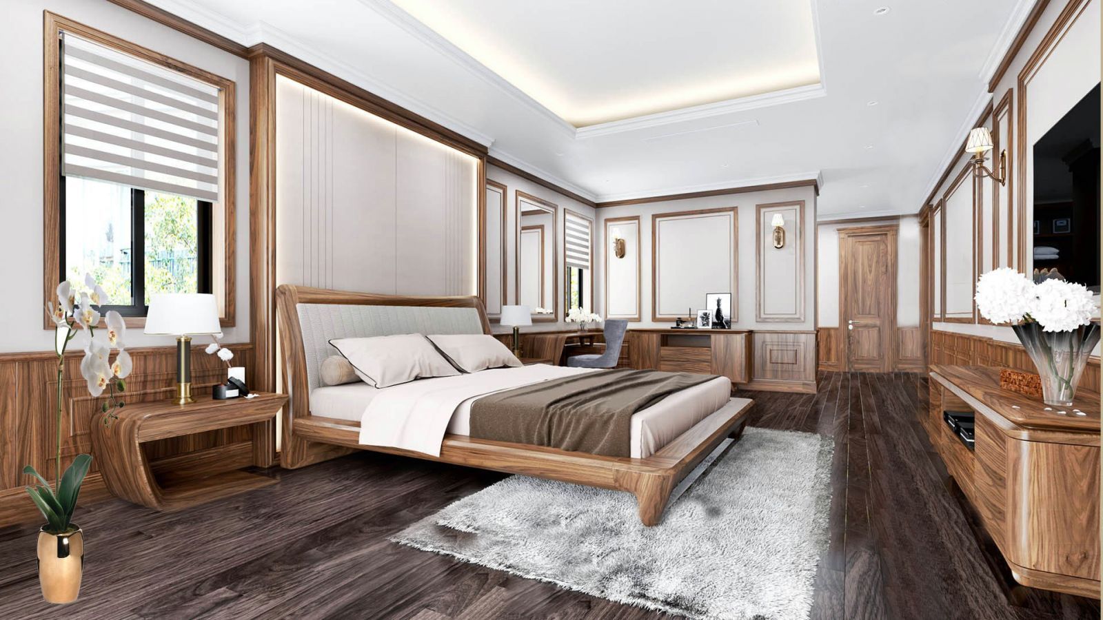 Thiết kế giường gỗ óc chó đồng bộ nội thất căn phòng