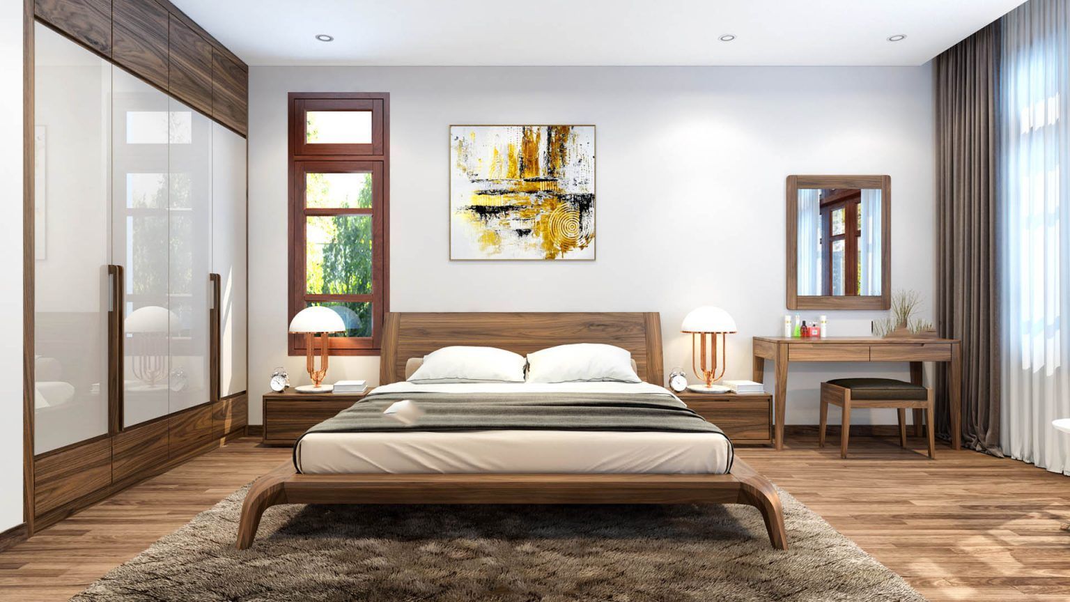 Thiết kế giường gỗ óc chó sang trọng hiện đại tạo cảm giác tươi mới trẻ trung