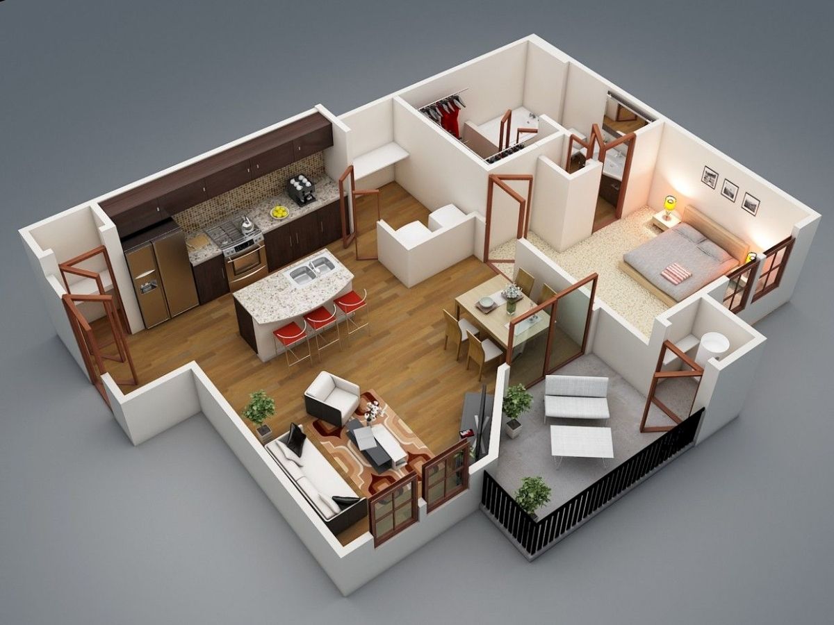 Nhà 2 phòng ngủ tone màu trắng nâu kết hợp
