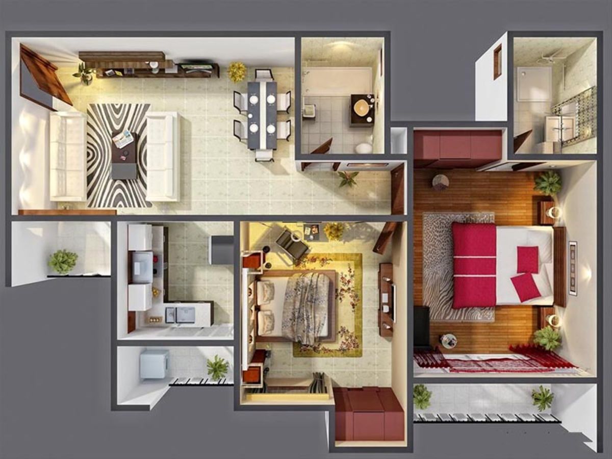 Mẫu thiết kế nhà 50m2 2 phòng ngủ ấn tượng với màu sắc nổi bật