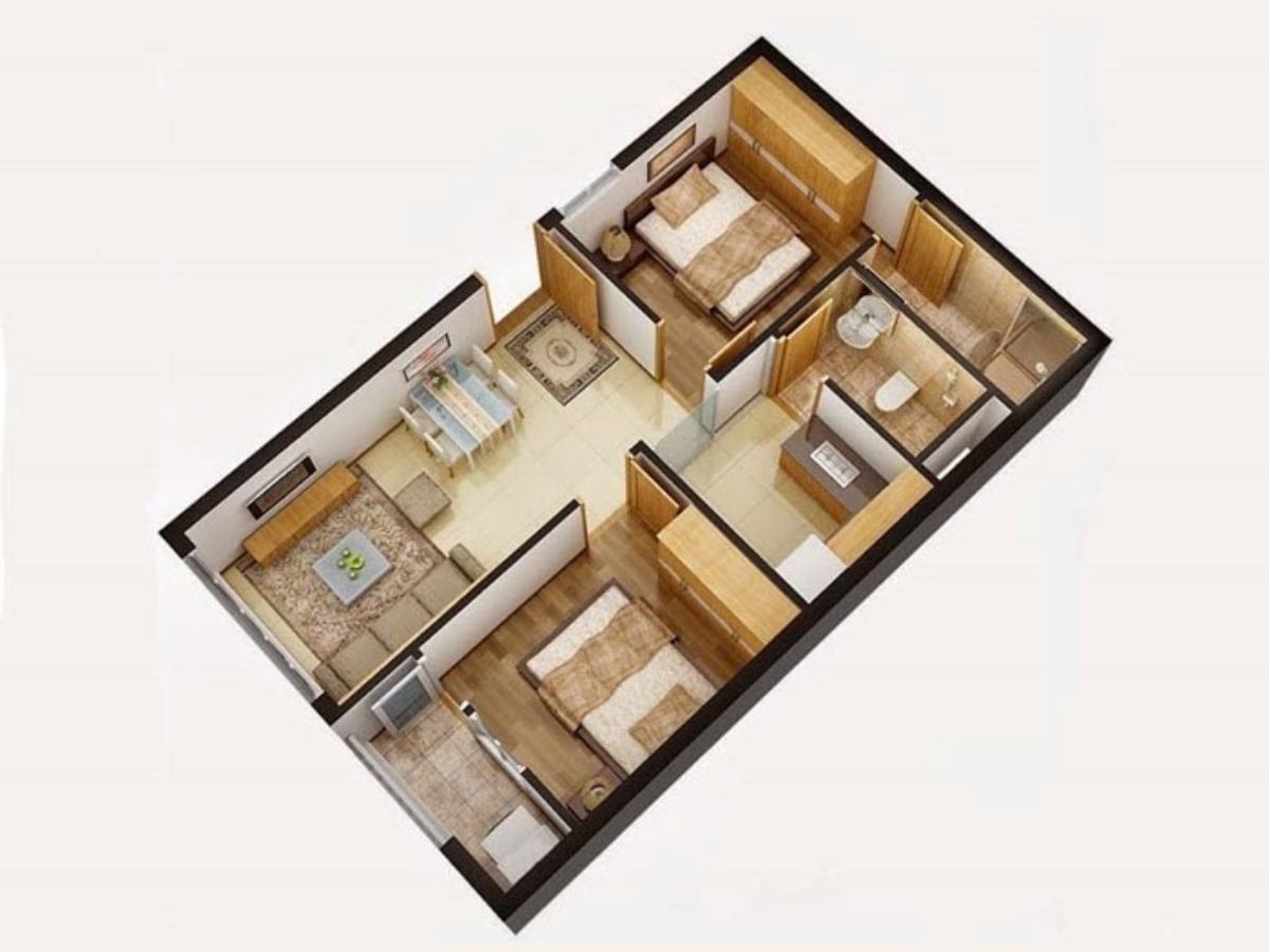 Thiết kế phòng ngủ cho nhà 50m2 với nền gạch gỗ ấn tượng