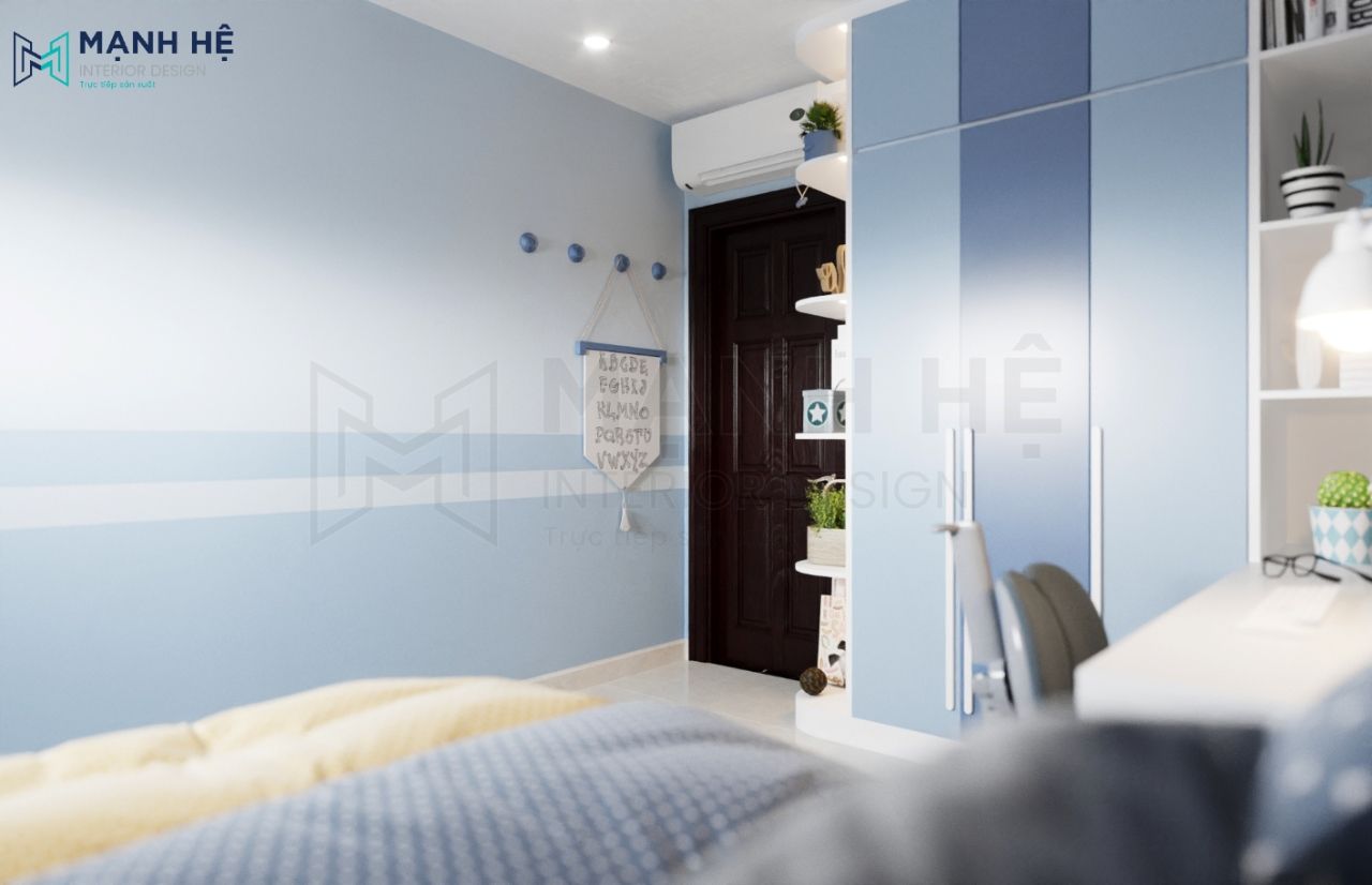 Phòng ngủ với tông màu xanh sinh động điểm thêm những móc treo quần áo kiểu lạ thêm chi tiết lạ cho phòng bé trai