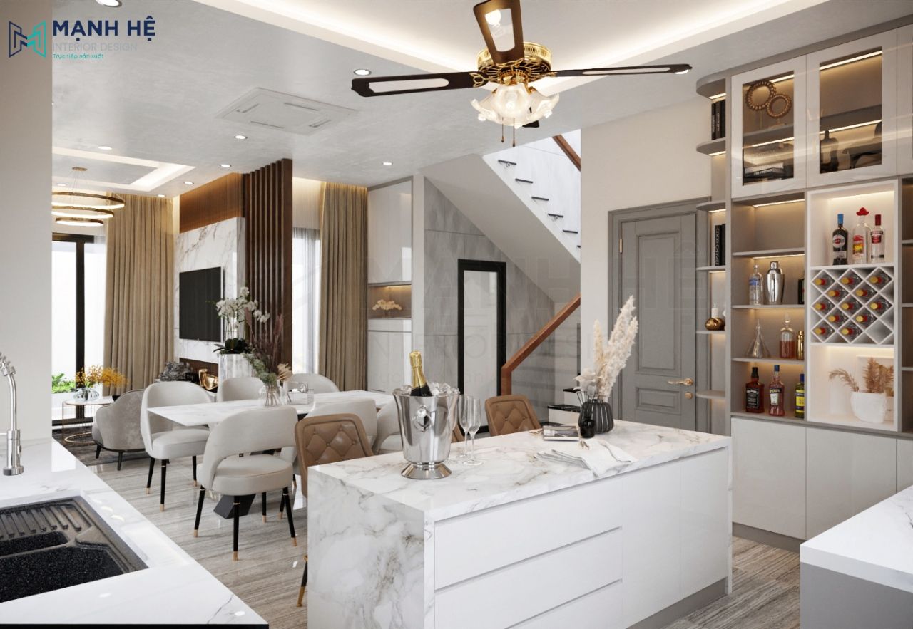 Thiết kế quầy bar phòng bếp ốp đá sang trọng với thiết kế nhiều ngăn kéo tối ưu không gian lưu trữ cho gia chủ