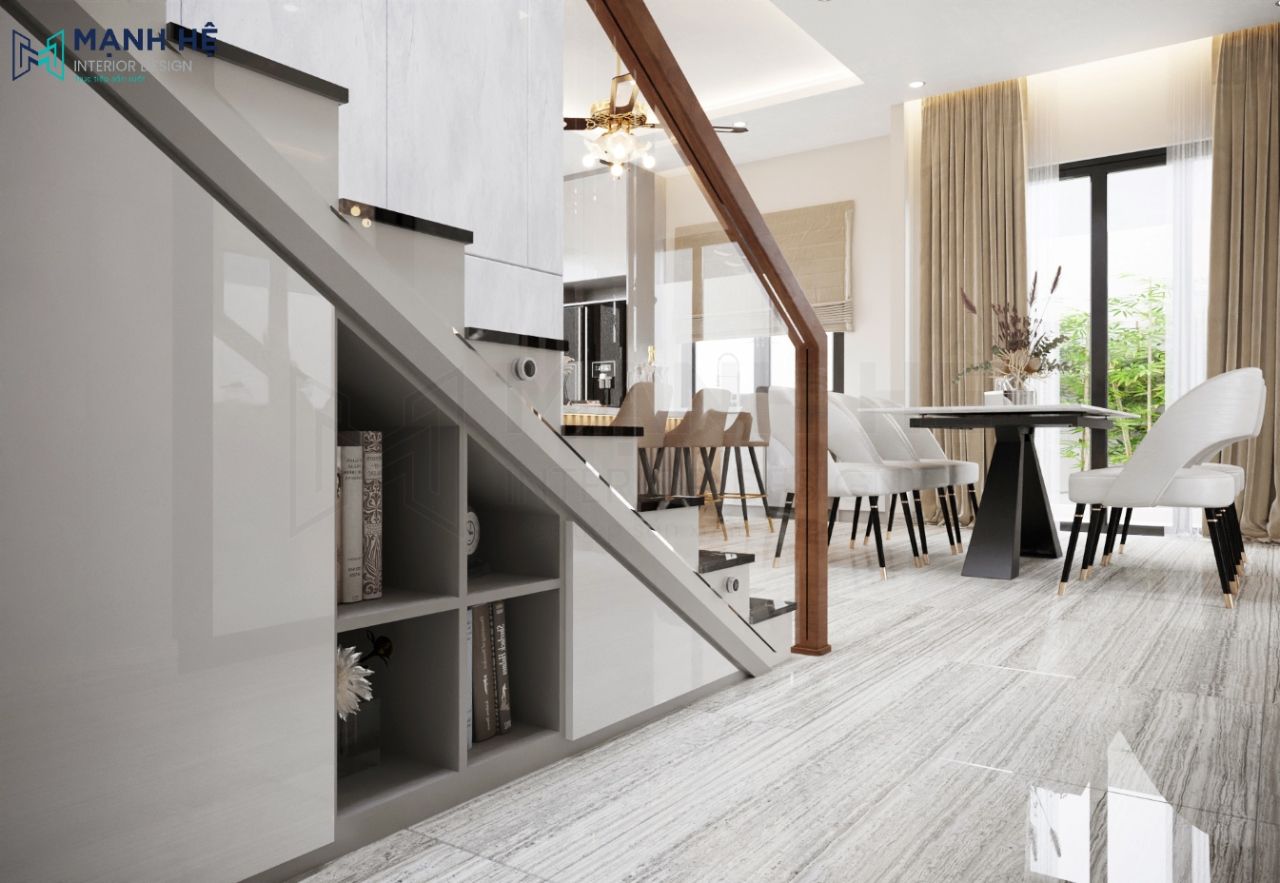 Chân cầu thang được thiết kế thành giá sách tiện lợi