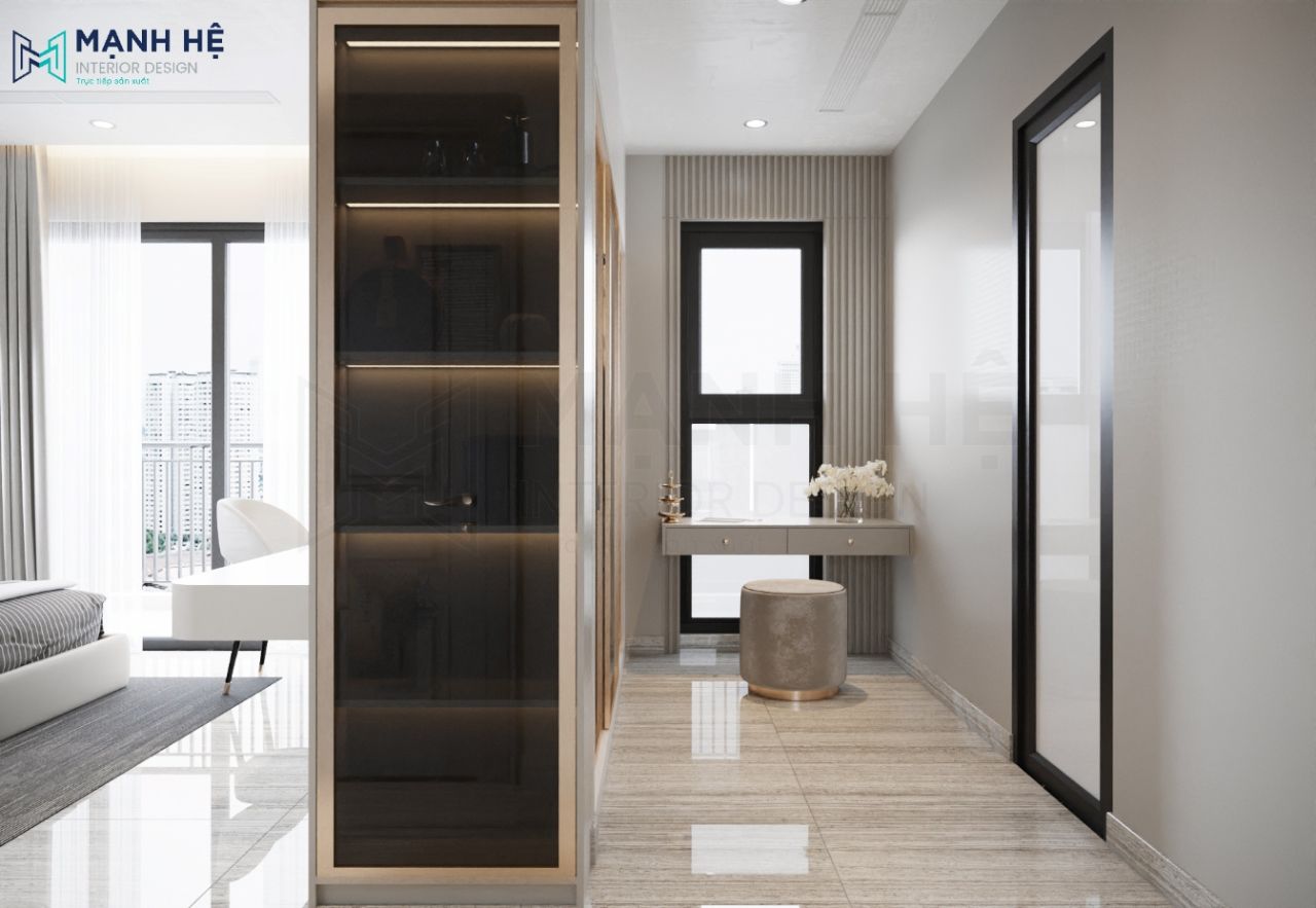 Bàn trang điểm thiết kế treo tường kết hợp chiếc ghế tròn nhung nữ tính tăng sự tiện nghi cho gian phòng