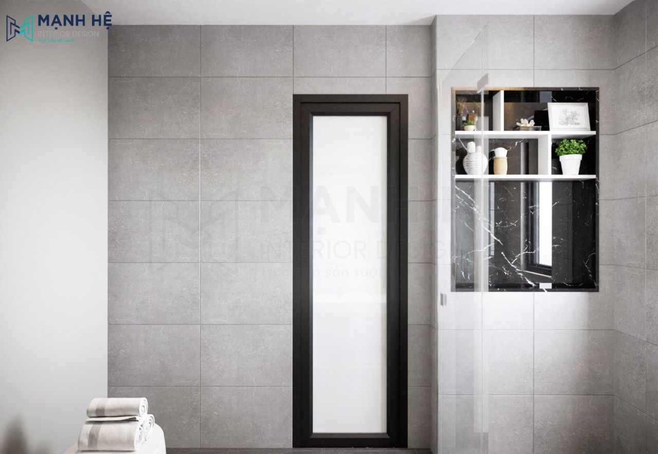 Kệ để đồ được thiết kế đơn giản khi ốp nhựa PVC đen tạo điểm nhấn và tăng sự tiện dụng cho gia chủ