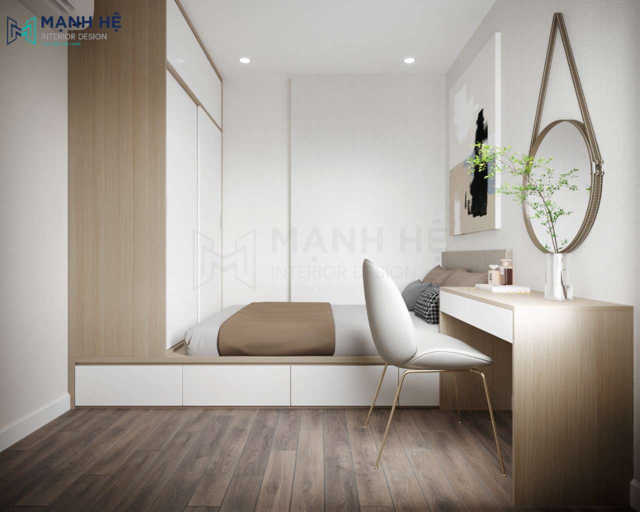  Giường ngủ dạng bục có ngăn kéo cho gia chủ không gian lưu trữ đồ dùng gọn gàng,ngăn nắp