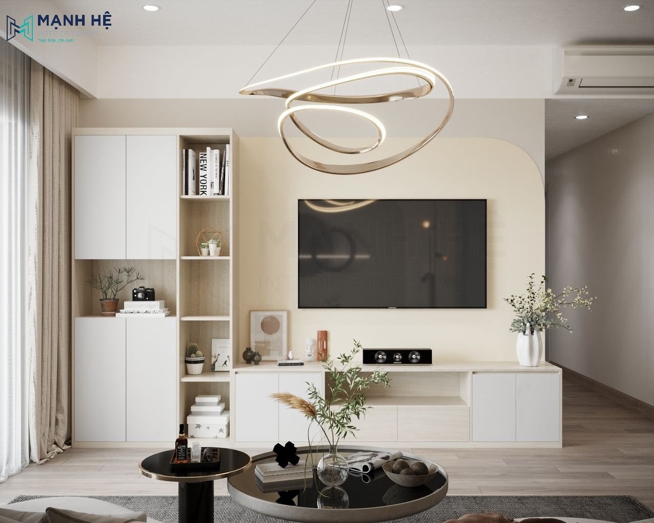 Hệ tủ tivi đơn giản kết hợp tủ trang trí cho gia chủ không gian thể hiện sở thích riêng của mình