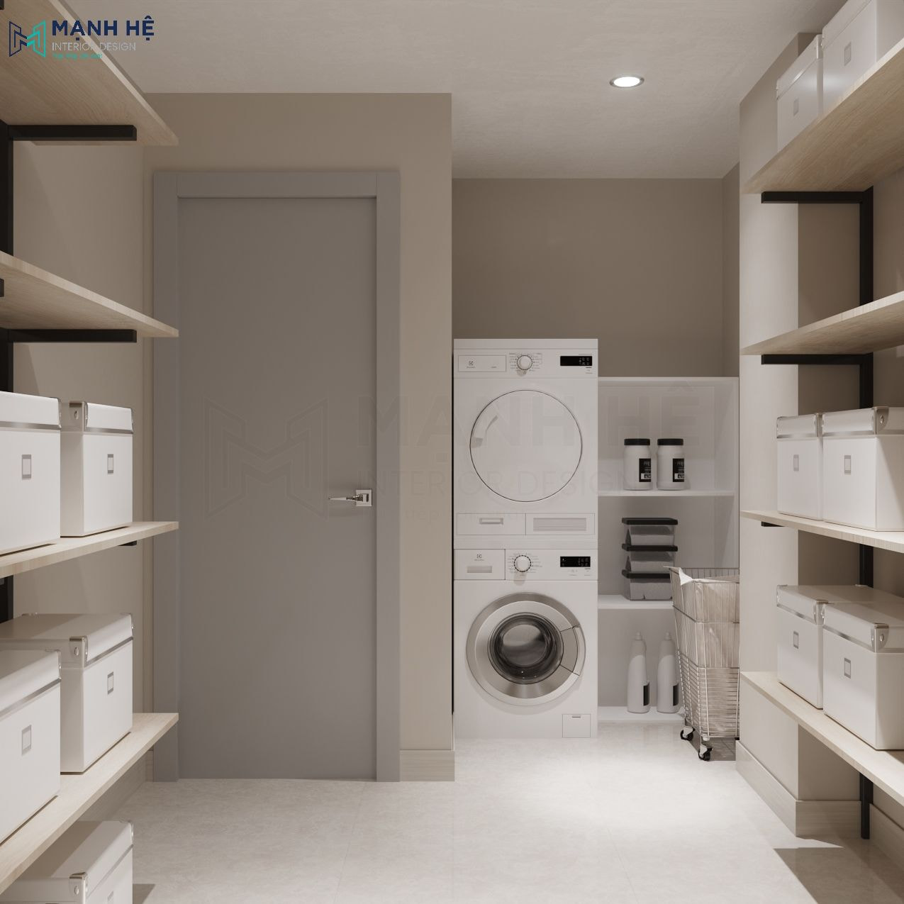 Không gian phòng giặt xấy nhỏ với tông màu xám hiện đại