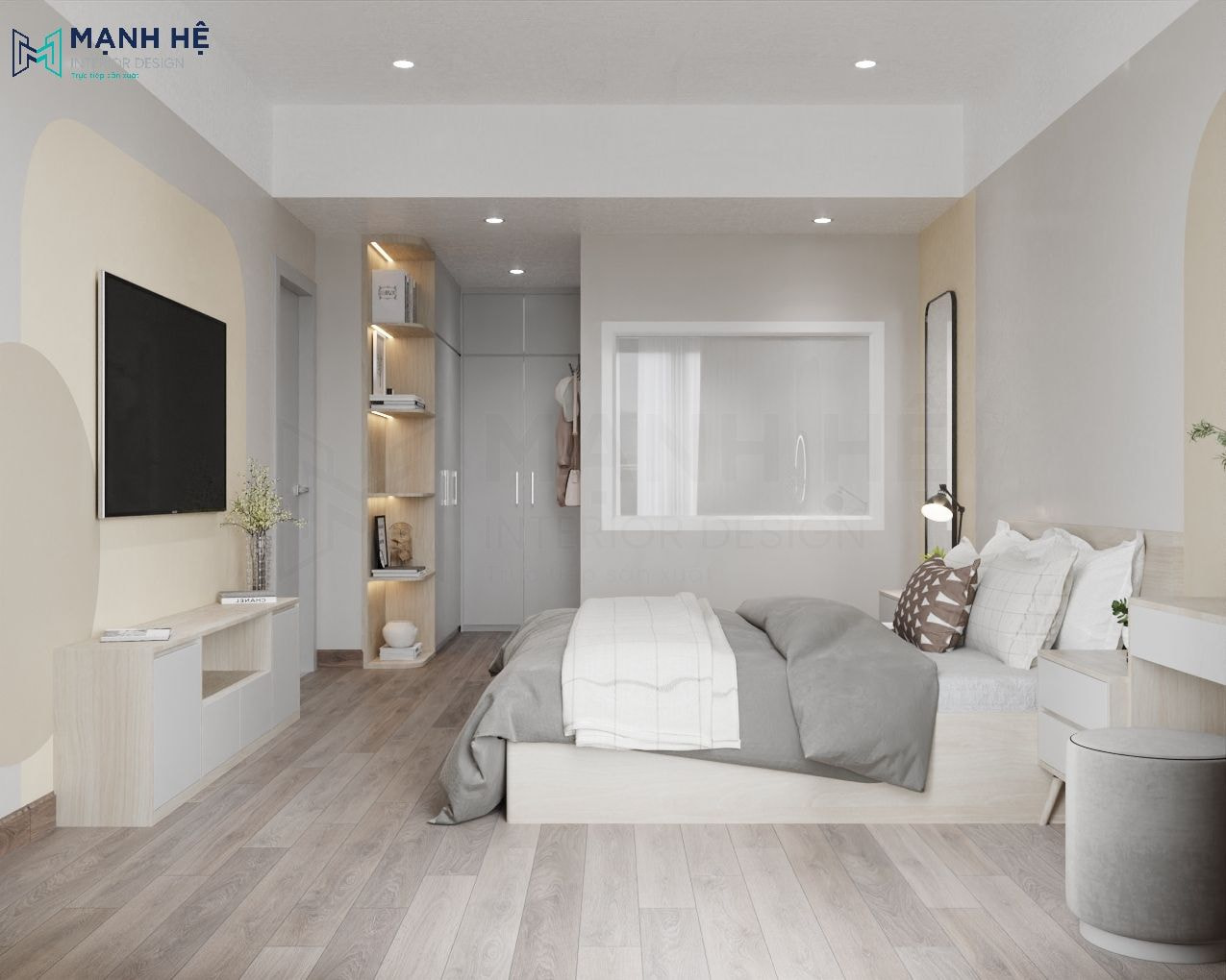 Vách tường phòng tắm tích hợp khung kính có rèm làm điểm độc lạ cho căn phòng ngủ Master