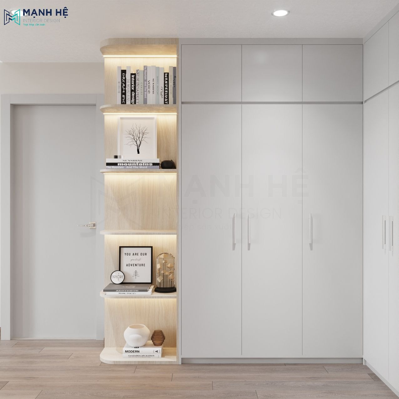 Thiết kế hệ tủ quần áo cao đụng trần với tông màu xám nhẹ hiện đại kết hợp kệ bo góc tạo góc trang trí