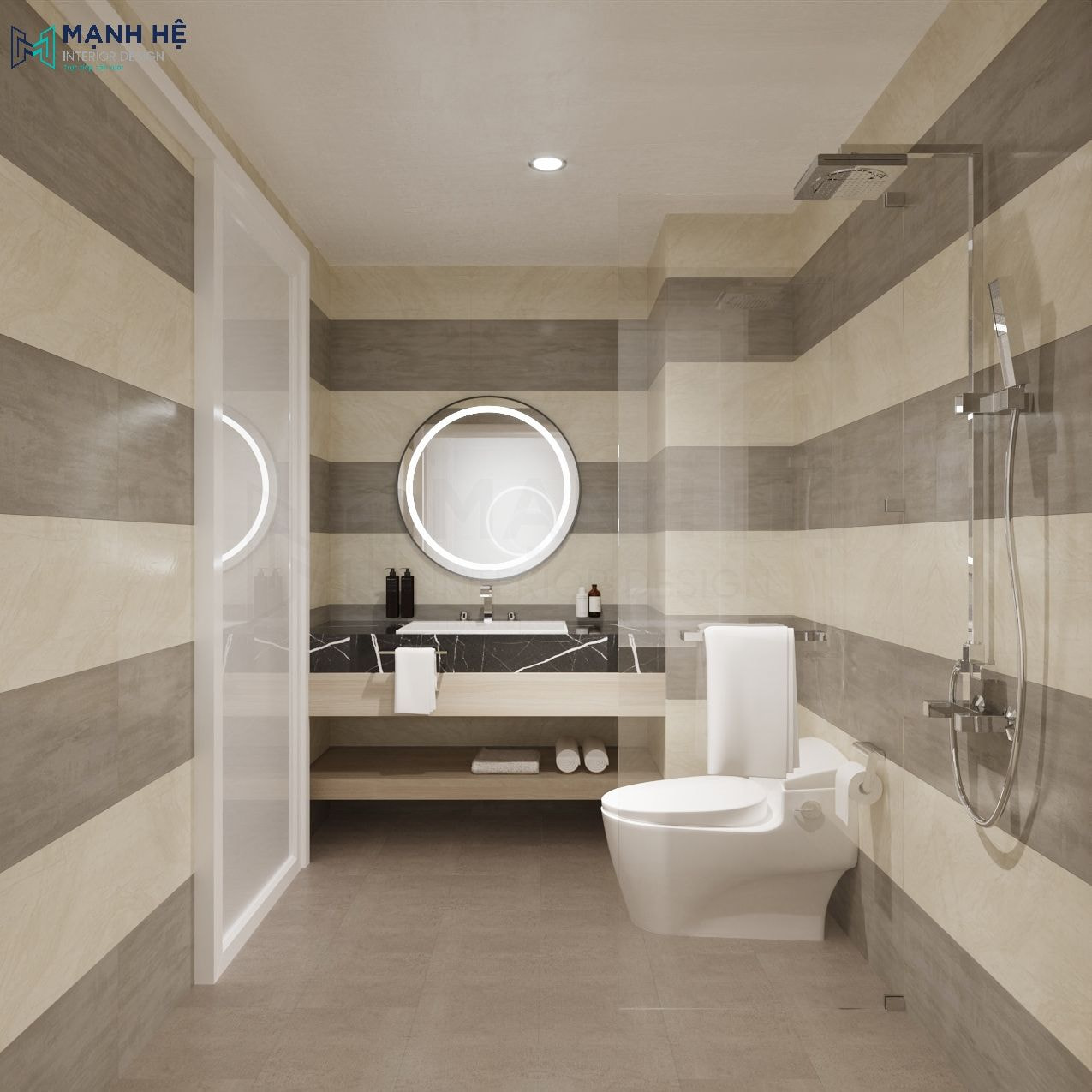 Nhà vệ sinh được ốp gạch toàn bộ tăng sự sạch sẽ và giúp gia chủ dễ dàng vệ sinh hơn