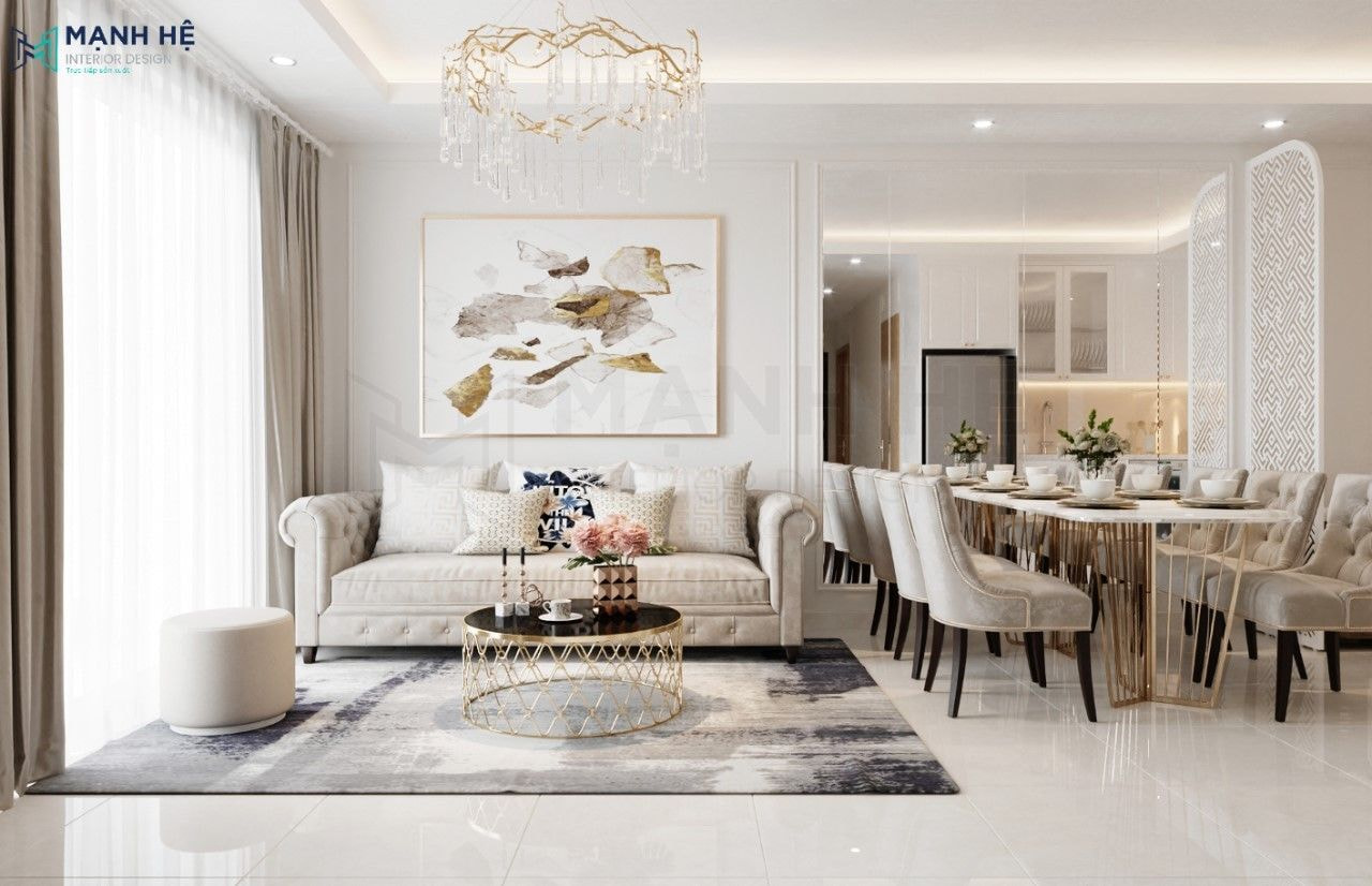Phòng khách căn hộ 58m2 phong cách tân cổ điển
