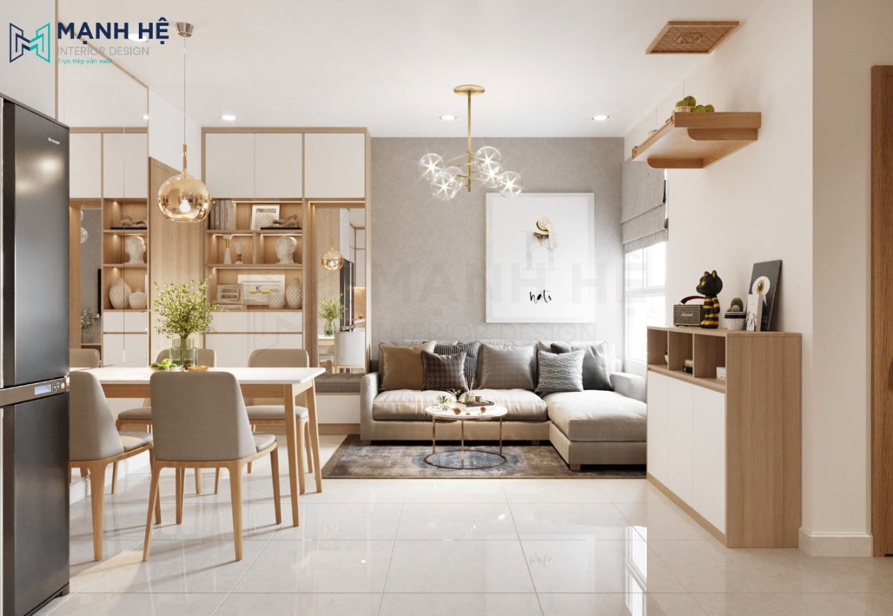 Phòng khách căn hộ 58m2 từ gỗ công nghiệp phủ melamine màu vàng nhạt cơ bản