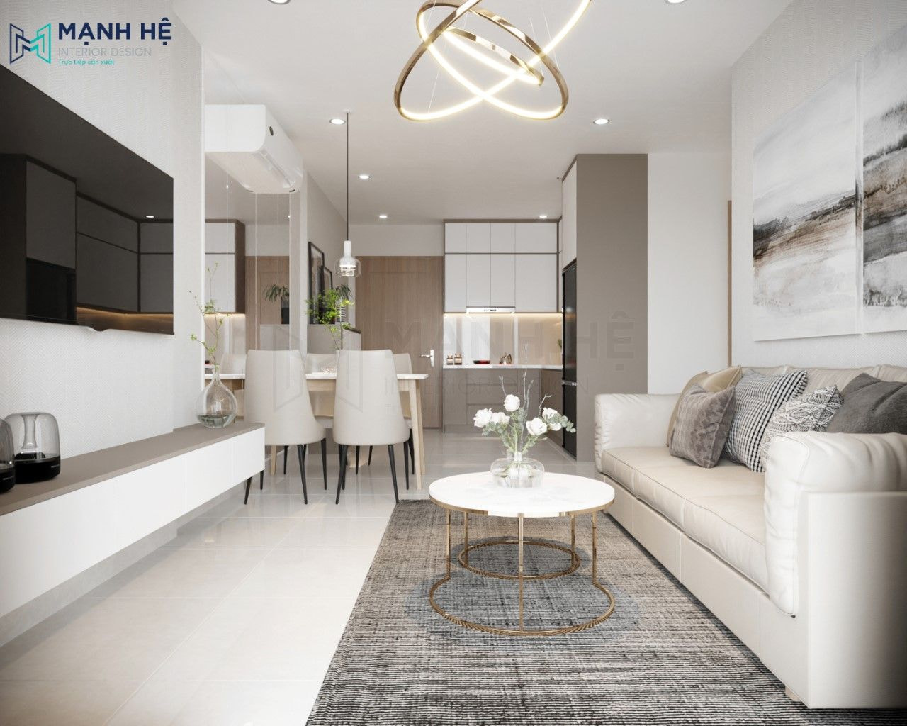 Gam màu trắng tinh tế, nền nã cho phòng khách hiện đại