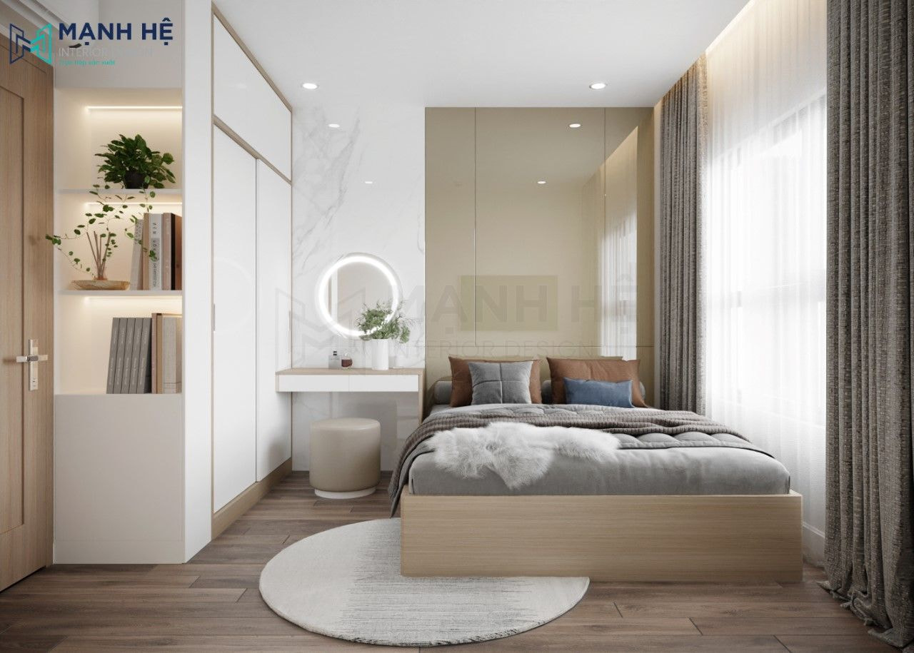 Thiết kế nội thất phòng ngủ master đơn giản với gỗ công nghiệp màu nâu nhạt