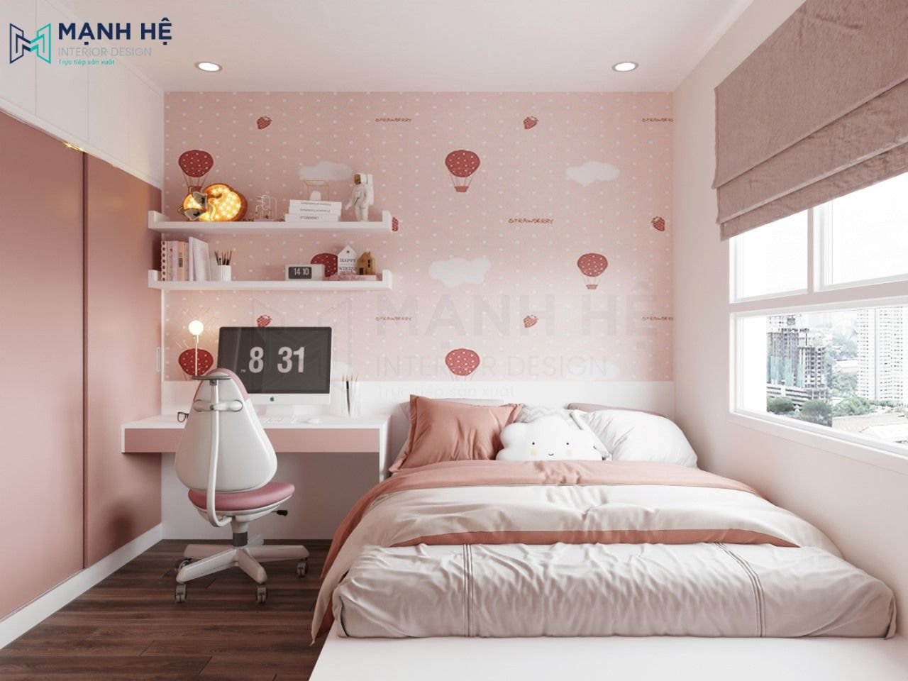 Phòng ngủ cho bé gái màu hồng dễ thương, xinh xắn