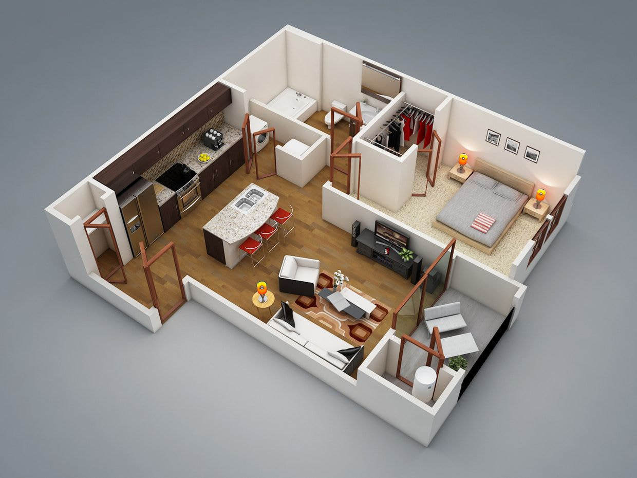 Bản vẽ 3D thiết kế nội thất căn hộ 58m2 (1)