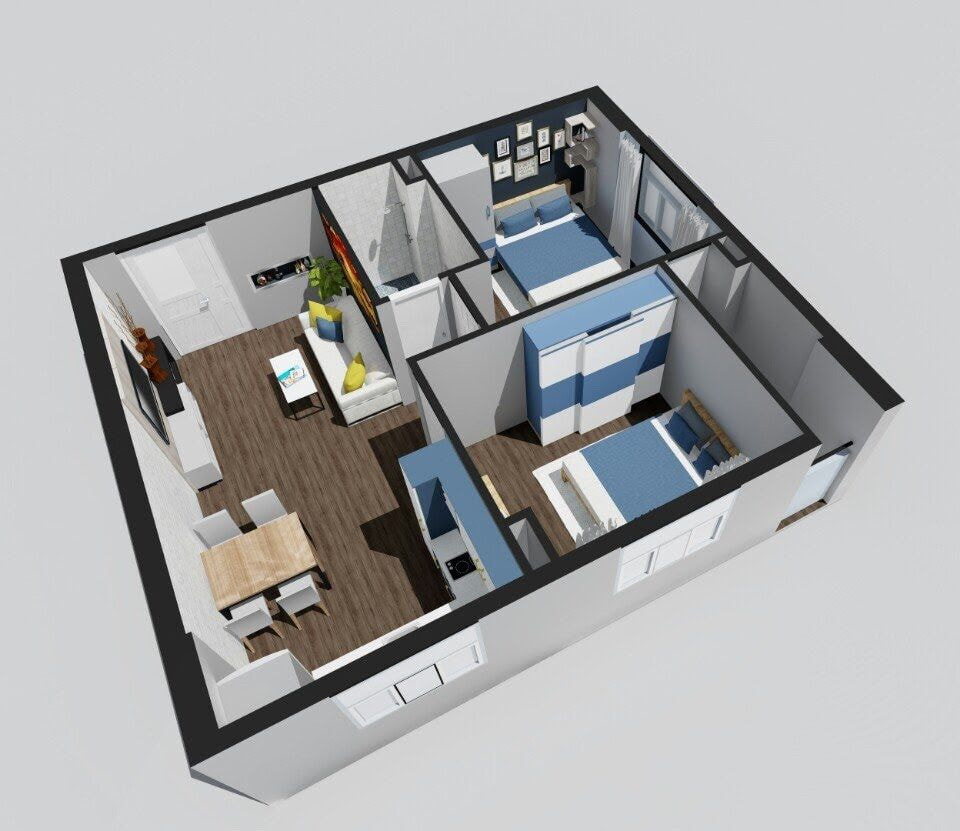 Bản vẽ 3D thiết kế nội thất căn hộ 58m2 (3)