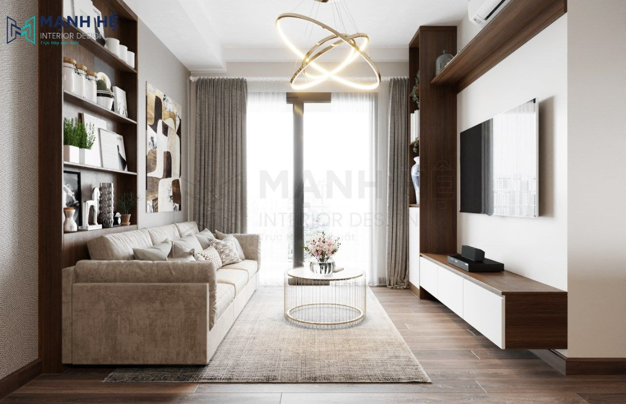 Chọn một chiếc sofa hình chữ I mềm mại và tạo điểm nhấn bằng màu trắng của bàn trà và rèm cửa