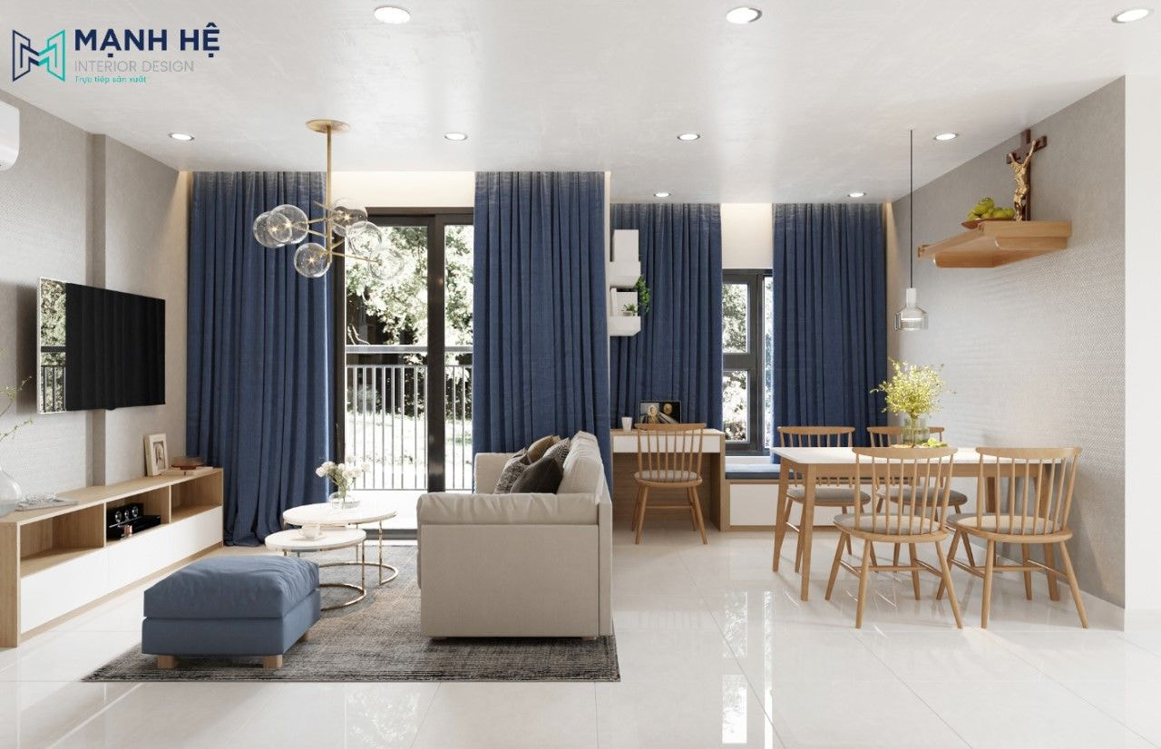 Nội thất cơ bản từ gỗ công nghiệp phủ melamine cho phòng khách căn hộ 63m2