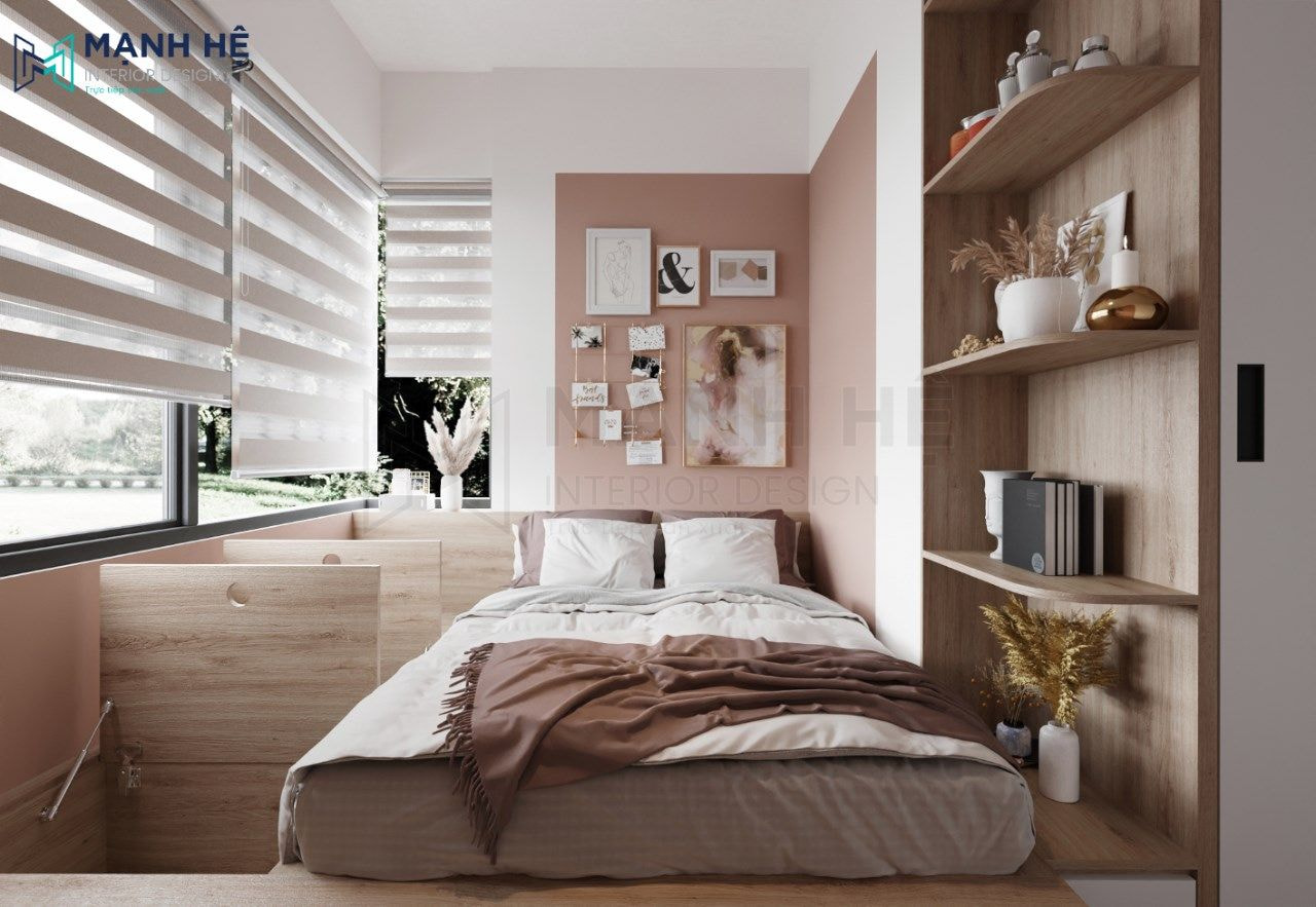 Phòng ngủ con gái màu hồng pastel nền nã