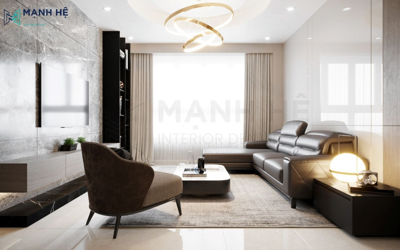 Điểm nhấn vách ốp tường phủ acrylic sáng bóng và vách ốp sau tivi đá vân mây sang trọng